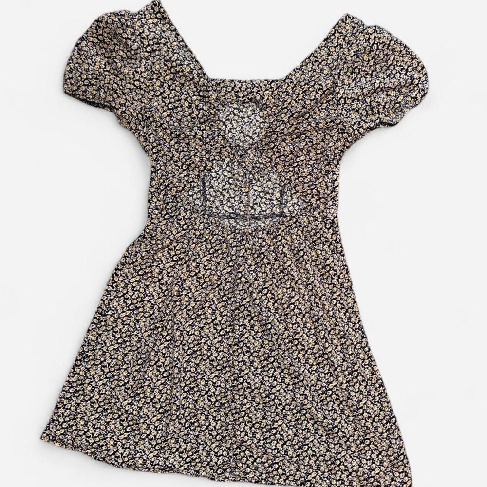Black Puff Sleeve Yellow Daisy Mini Dress with Open Tie Back; Size SMALL - Picture 7 of 8